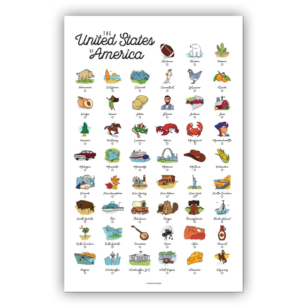 50 States Illustrated Checklist Poster 🦅  Unique art for each U.S. state 🎨 